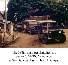 The 588th Engineering Battalion aid station's MEDCAP convoy at Sui Da, near Tay Nihn in III Corps.